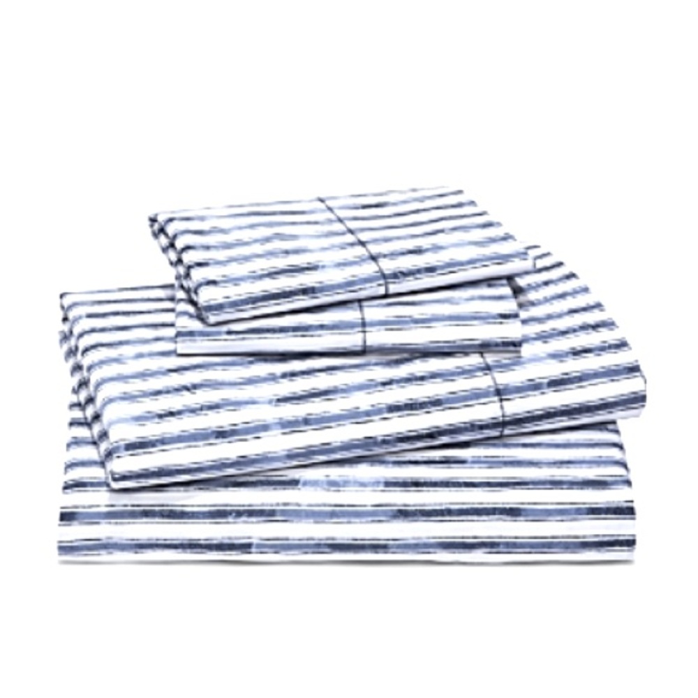 Sky Watercolor Stripe Percale Full Sheet Set, Navy White New w/Tag $175